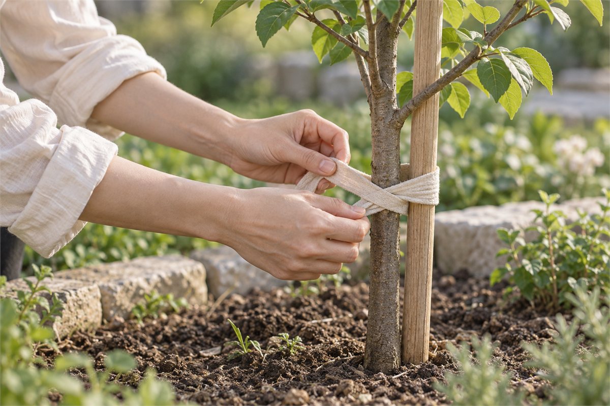 Hands secure a young tree to a wooden stake with a soft fabric tie.