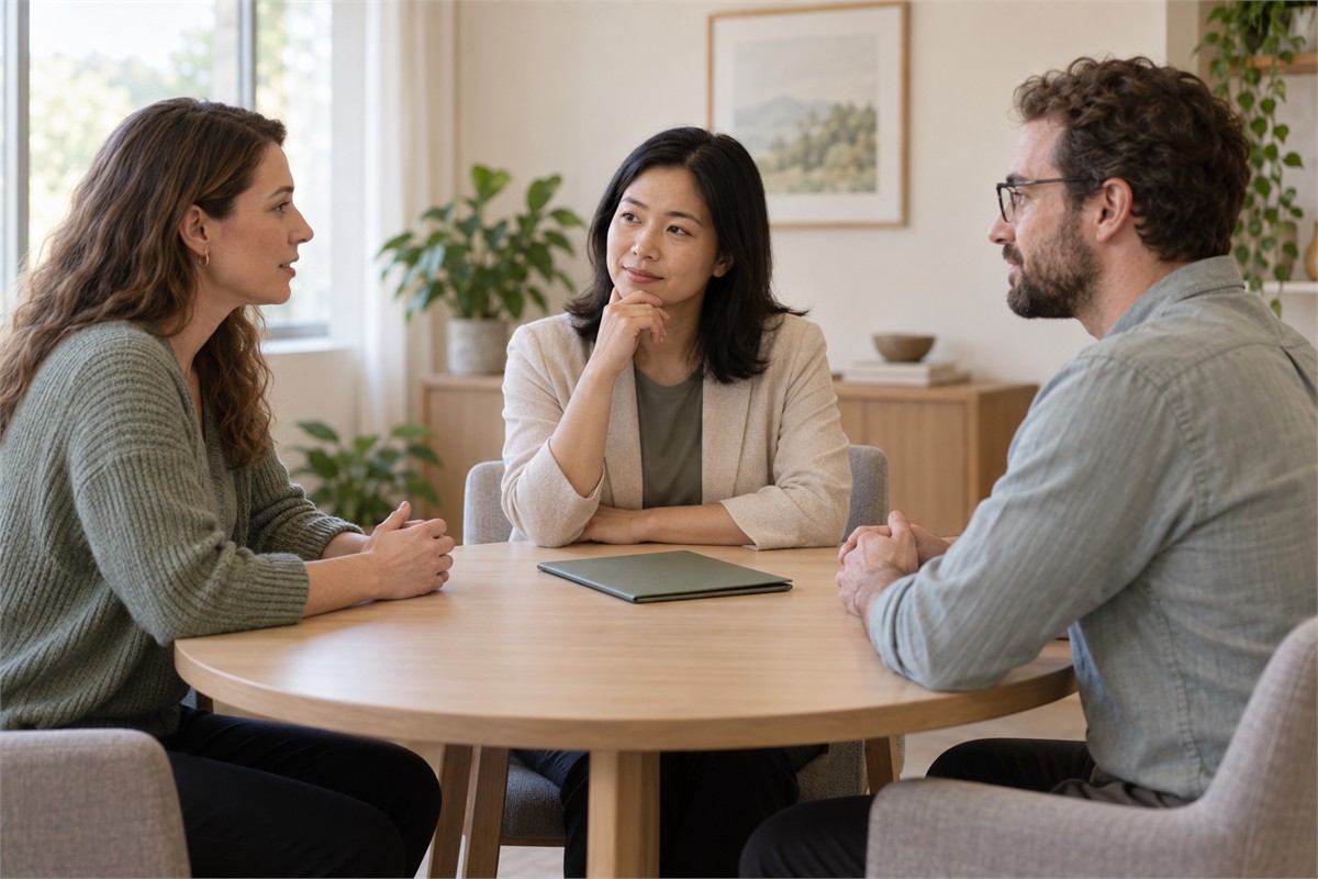 Three adults sit around a round table while the person in the middle listens.