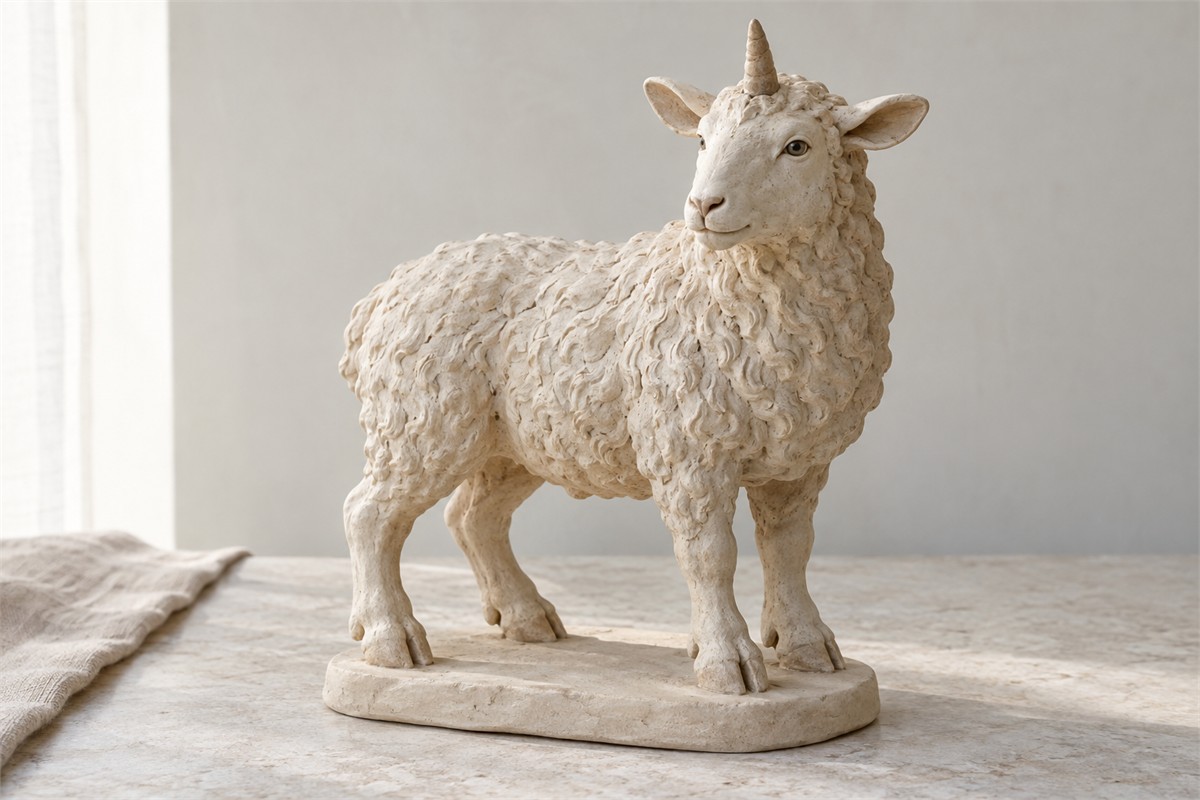 An ivory-colored ceramic sheep-like figure with one forehead horn stands on a plain base.