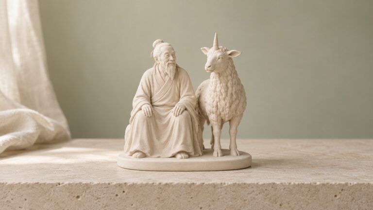 An ivory clay sculpture pairs a seated elder with a single-horned sheep-like creature.