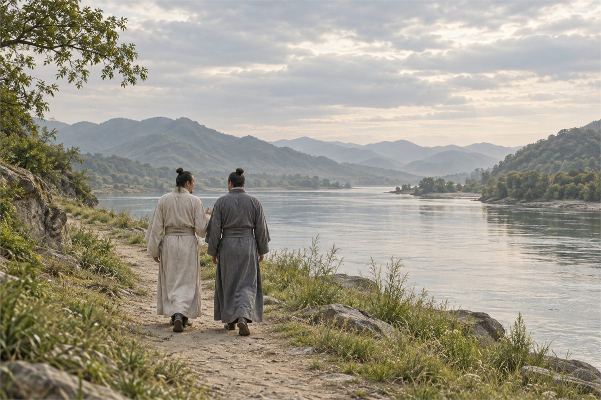 Two robed figures walk beside a quiet river with distant green hills.