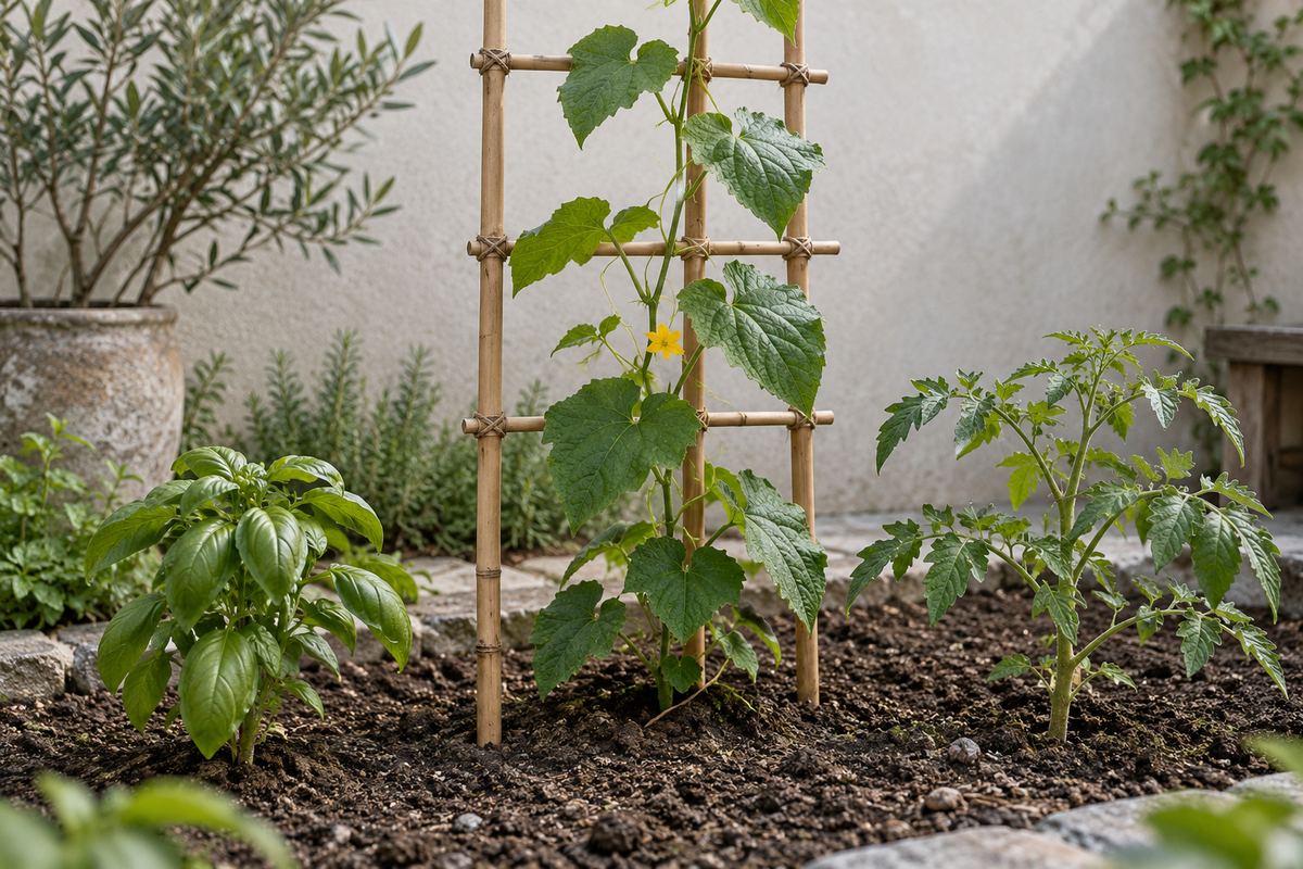Young leafy plants grow with open space between them beside a low bamboo support.