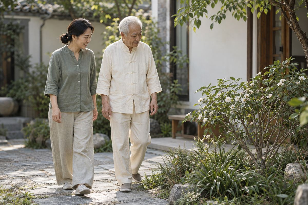 Two adults walking together in a sunlit courtyard garden.