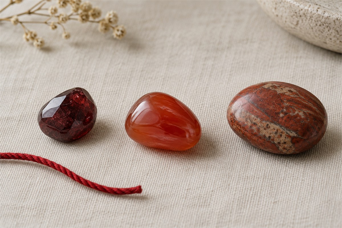 Deep red garnet, translucent carnelian, and opaque red jasper beside a short red cord.