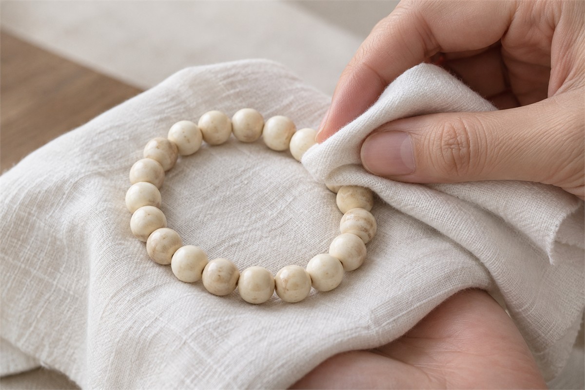 Hand using a soft cotton cloth beside a supported bead bracelet.
