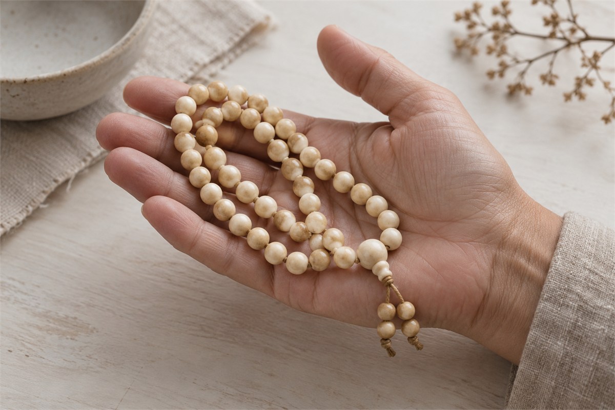 A relaxed hand holding a cream and tan bone bead strand.