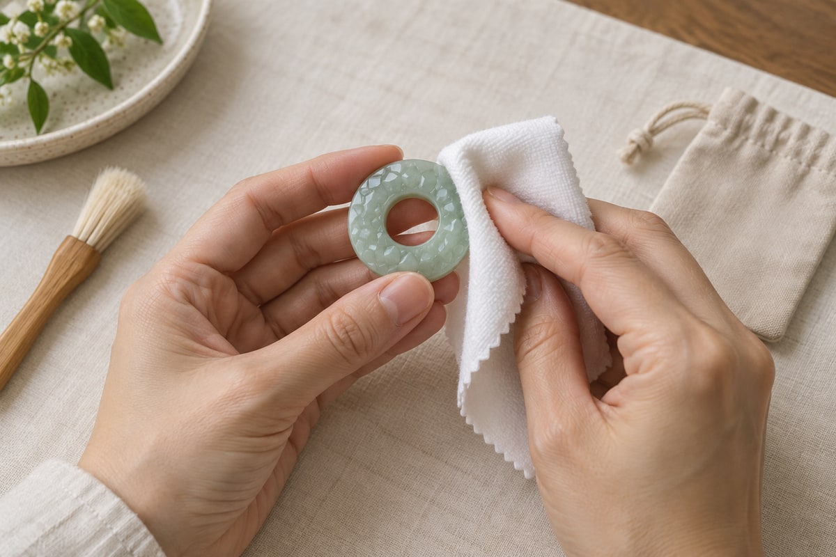 Hands wiping a jade pendant with a soft cloth beside a brush and separate storage pouch