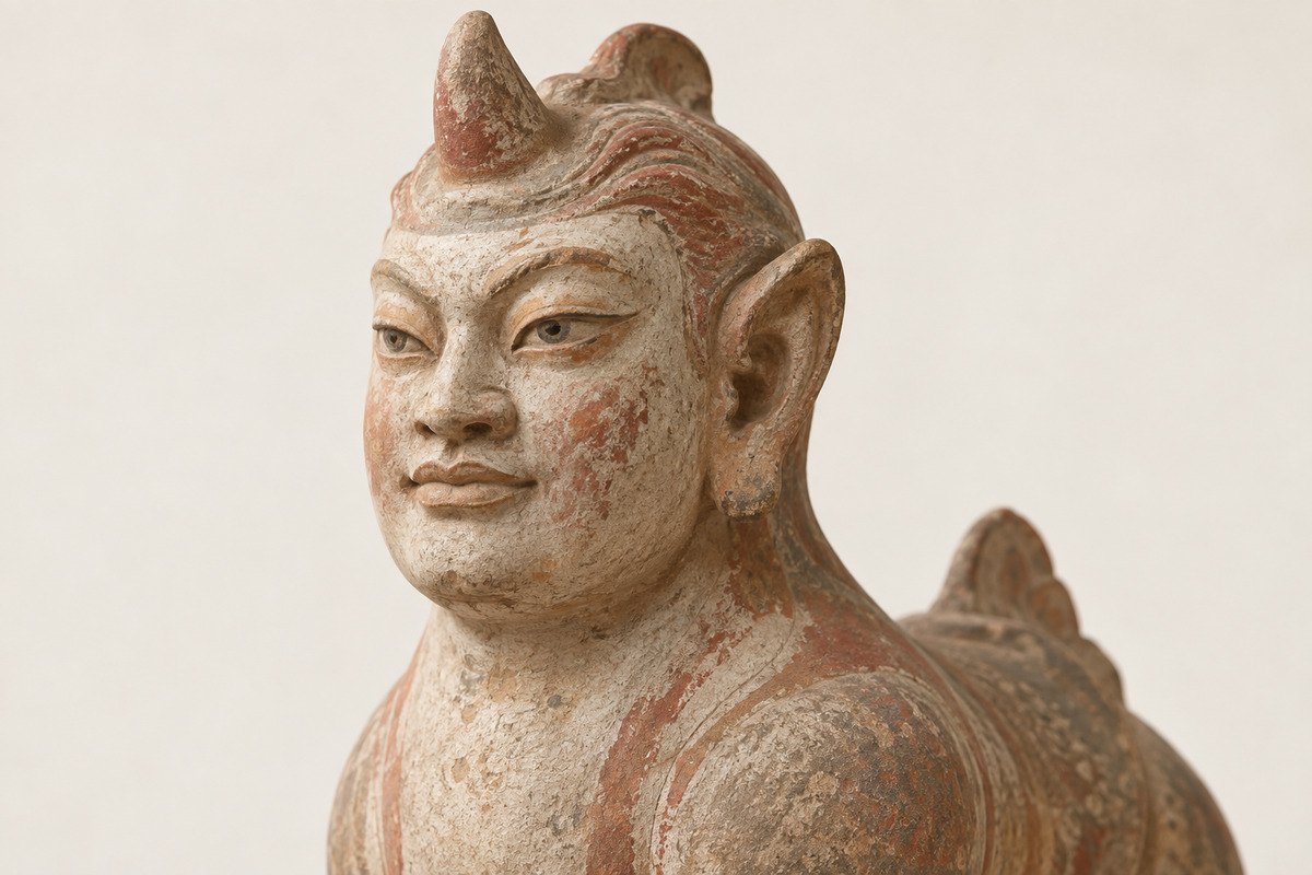 Softly expressive human face on a painted clay guardian