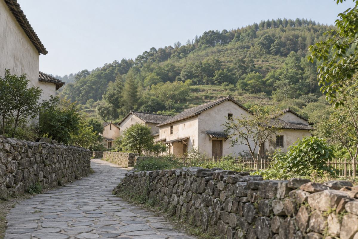 Low houses and a gentle hillside seen across a quiet path.