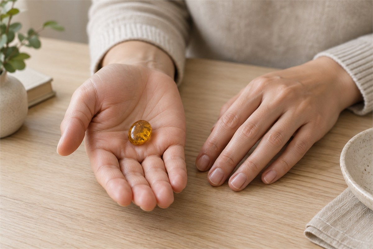 A small golden cabochon resting in an open palm at a light wood desk.