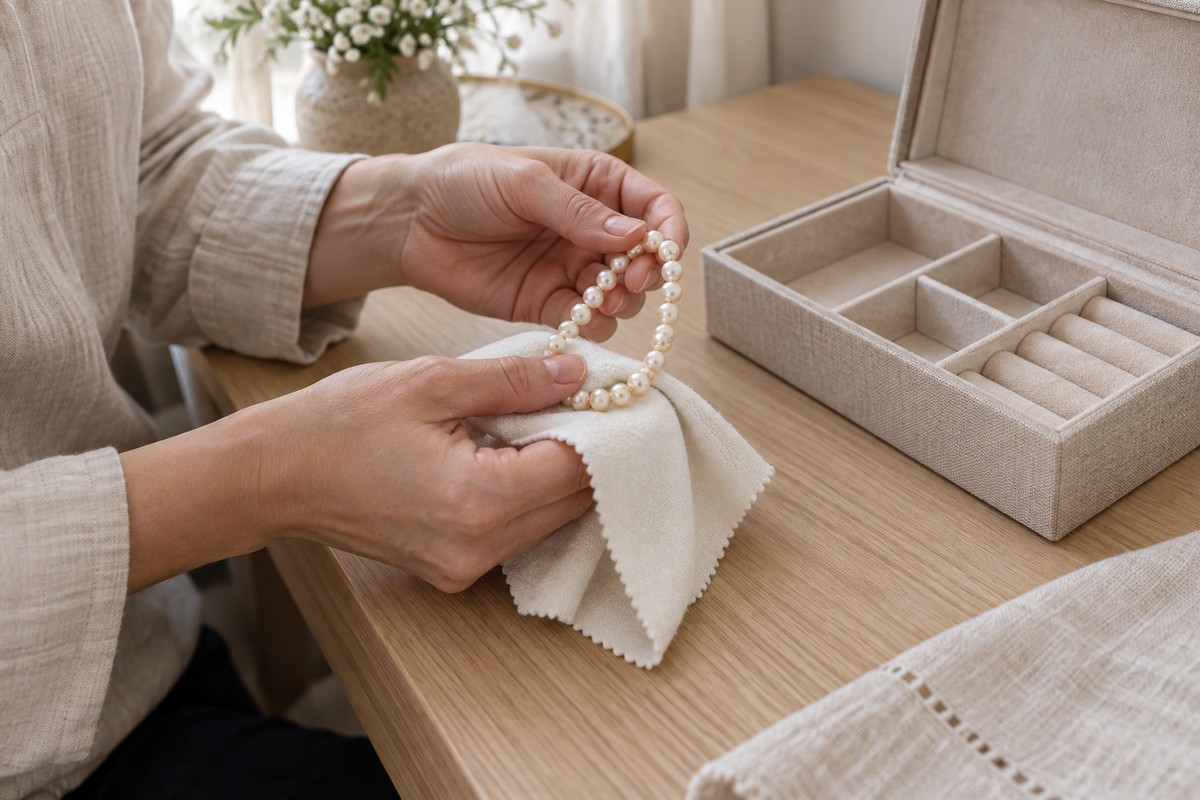 Hands wiping a pearl strand with a soft cloth beside a divided jewelry box.