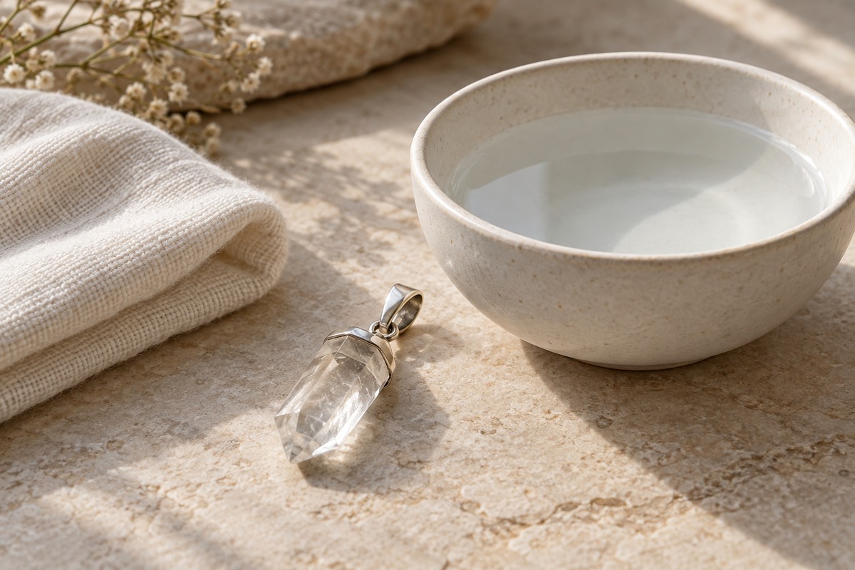 Quartz pendant beside a soft cloth and small bowl of water