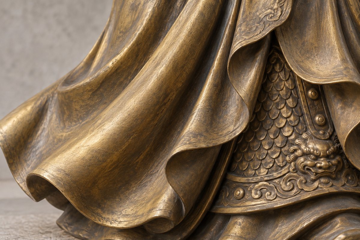 Soft gilt-bronze folds and a restrained armor edge on a contemporary sculptural study.