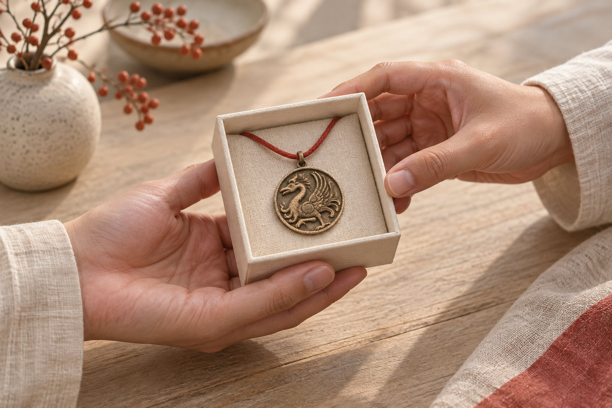 Two hands share an open box holding a small bird pendant.