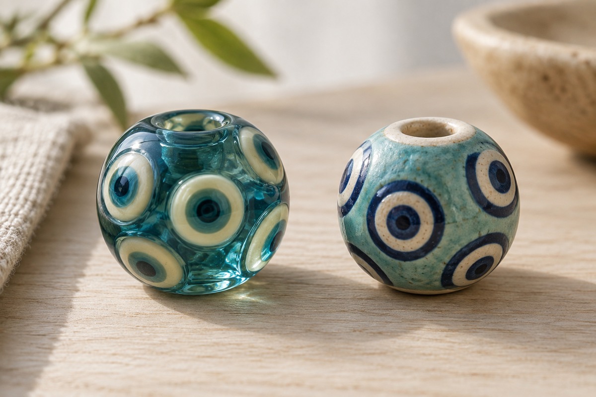 Transparent teal glass eye bead beside a satin-glazed ceramic eye bead with a pale exposed bore.