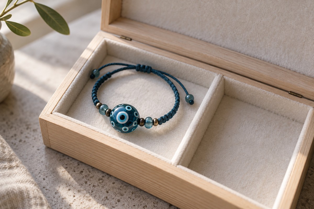 Blue glass eye-bead cord bracelet stored alone in a soft-lined compartment of a wooden jewelry box.