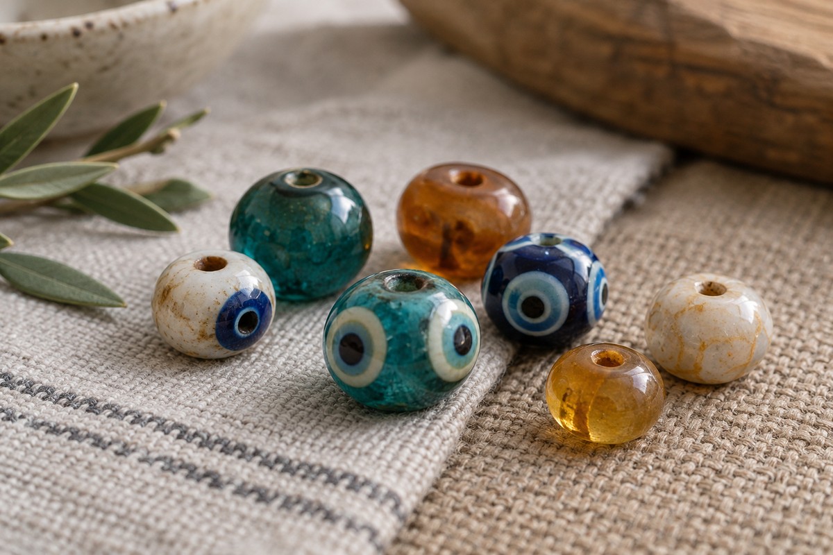 Blue, teal, cream and amber beads with plain and concentric-eye surfaces on two woven fabrics.