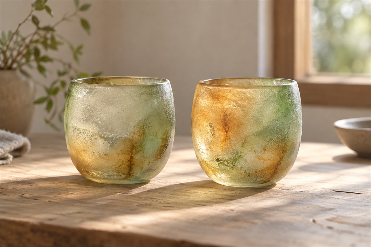 Two rounded glass cups with different green and amber color patterns.
