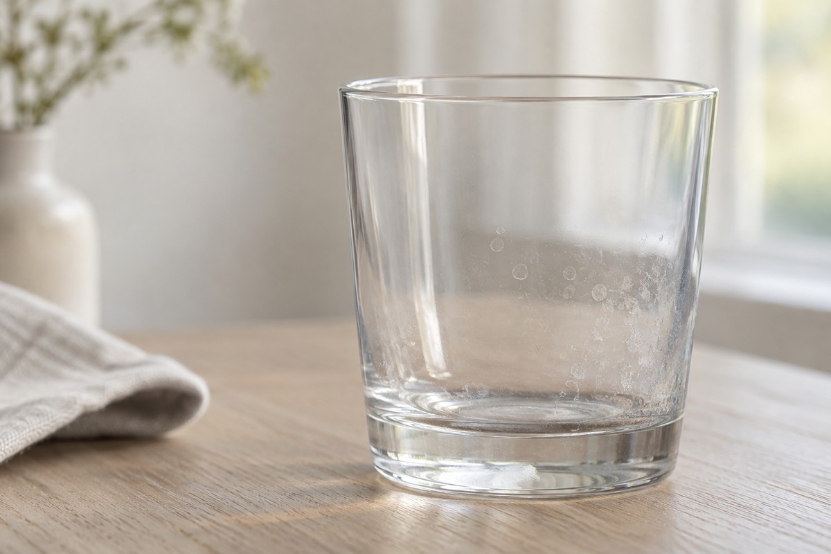 Close view of a clear tumbler with a faint cloudy patch near its base.