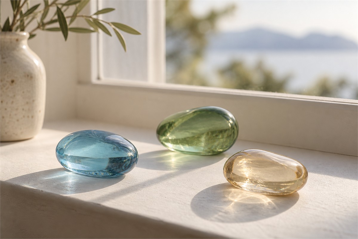 Blue, green, and pale honey glass keepsakes on a sunlit windowsill.