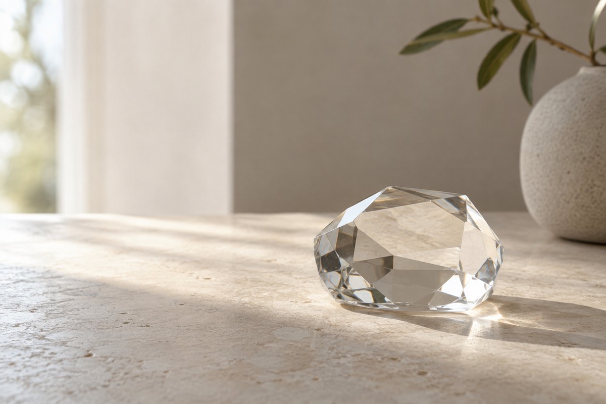 A clear faceted glass paperweight reflecting soft light on a pale surface.