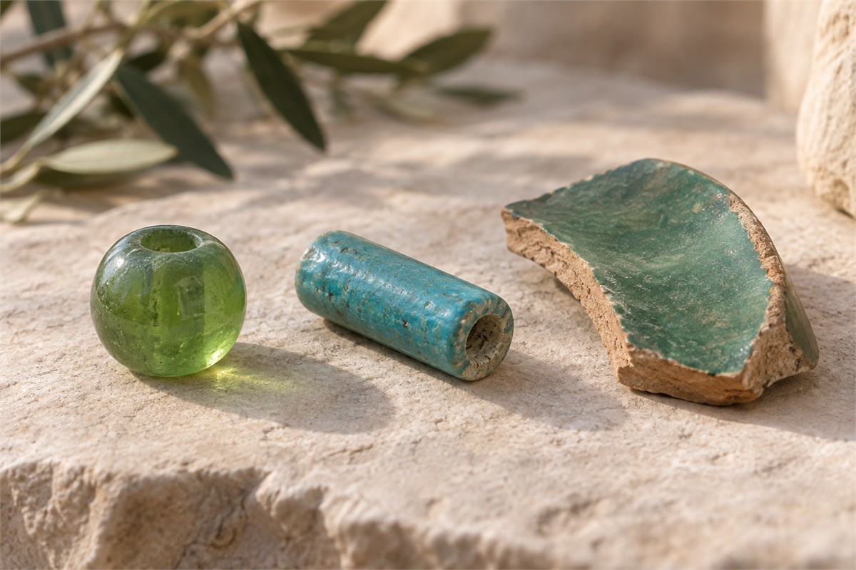 Green glass bead, blue glazed tube bead, and ceramic fragment with an exposed clay edge.