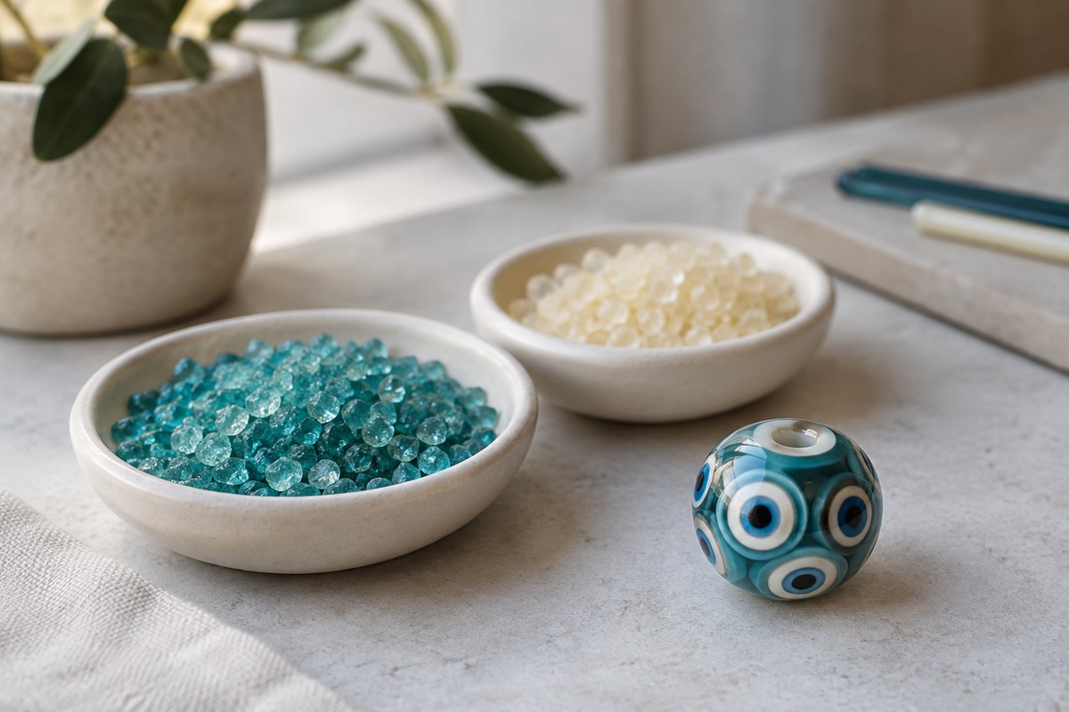 Bowls of teal and cream glass granules beside a finished concentric-eye glass bead.