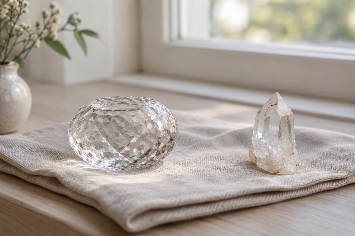 A small clear cut-glass ornament and a quartz point resting on folded linen.