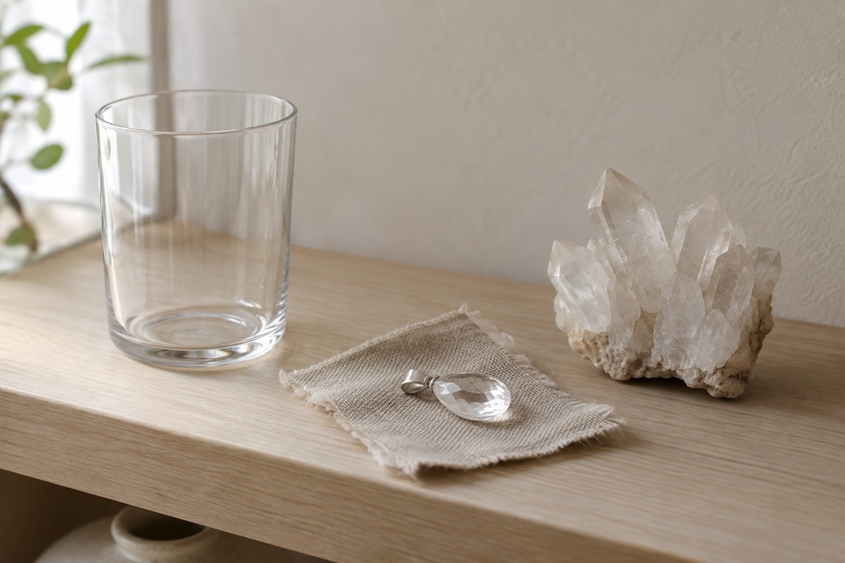 A plain glass tumbler, faceted glass pendant, and quartz cluster on a light wood shelf.