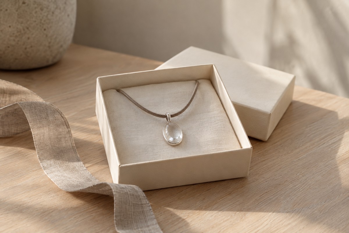 A clear pendant in an open neutral gift box with a loose linen ribbon.