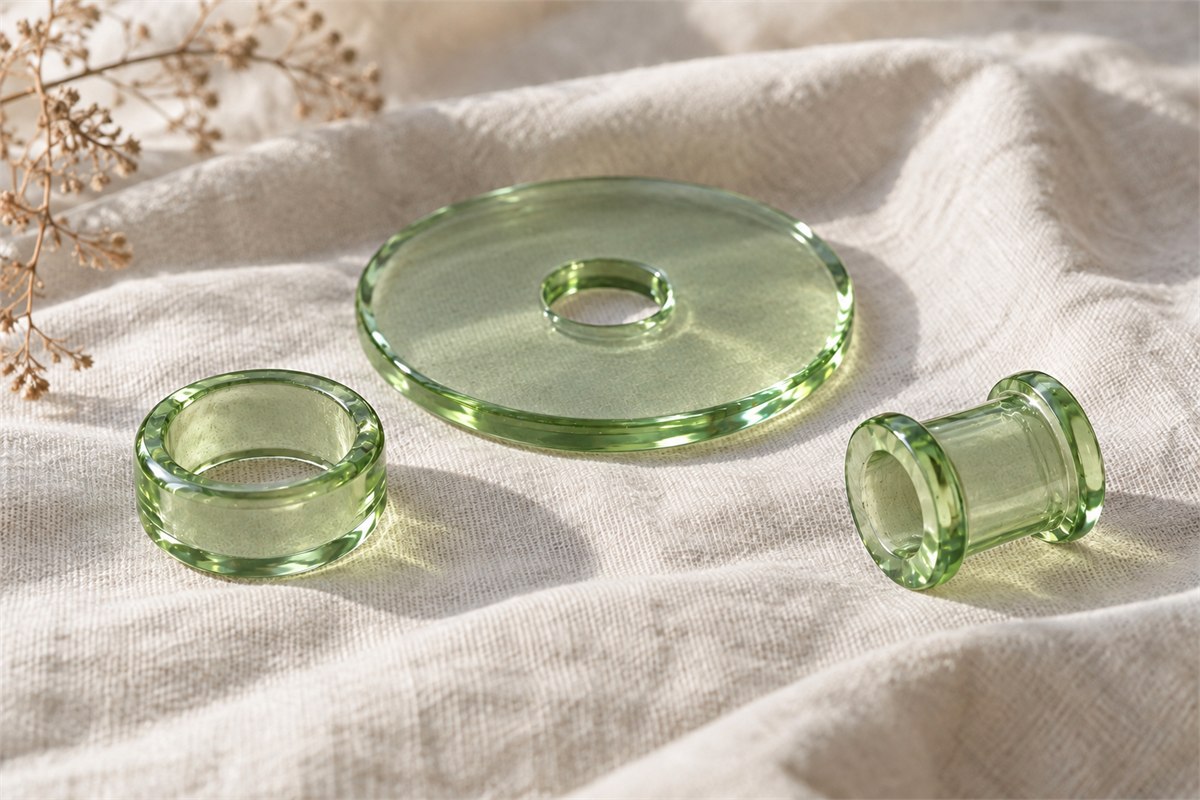 Translucent green glass ring, broad disc, and short tubular form on linen.