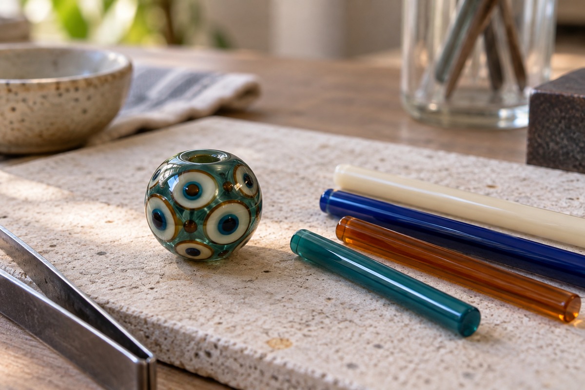 Finished teal glass eye bead beside cream, blue, amber and teal glass rods on a craft bench.
