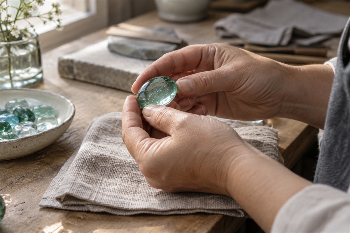 Two hands carefully holding a small green glass oval above a folded cloth.