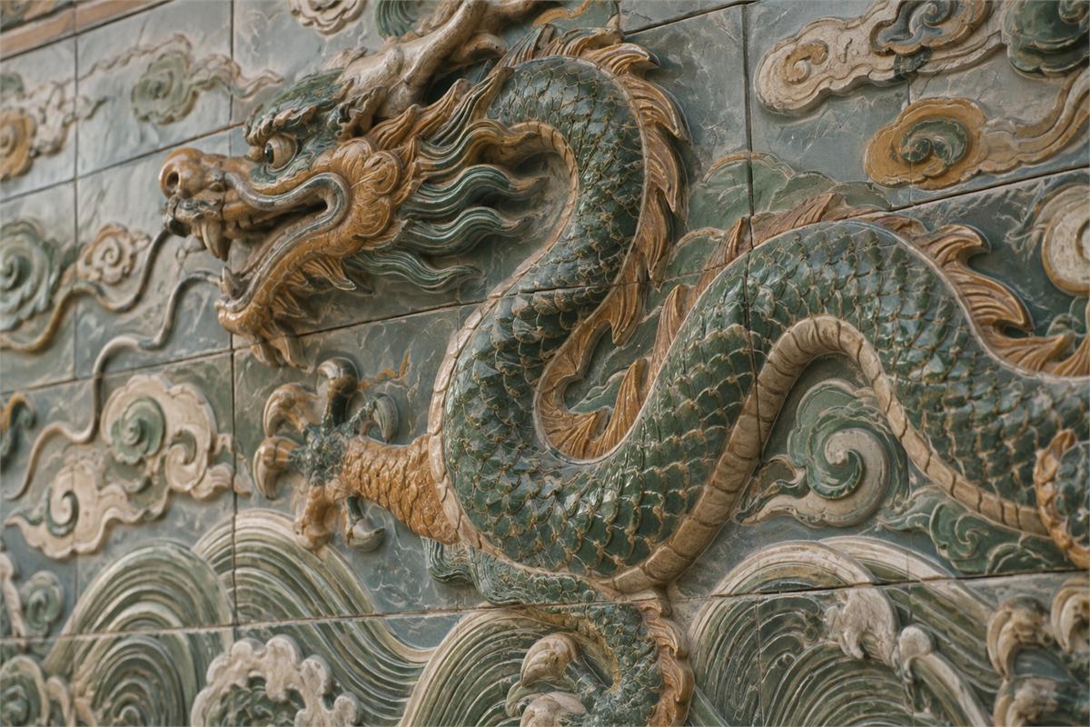Green and ochre dragon relief across vertical ceramic panels with clouds and waves.