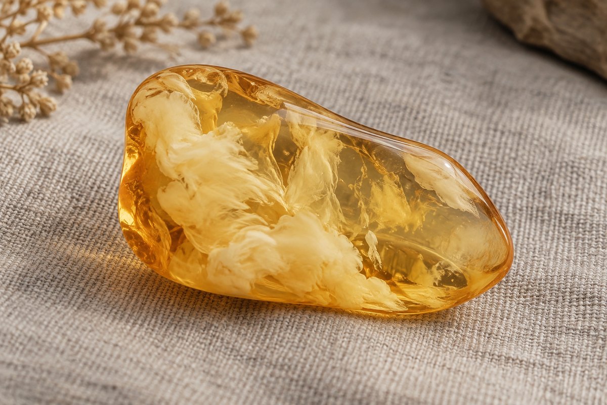 Clear golden areas meet creamy wisps within a polished amber piece.