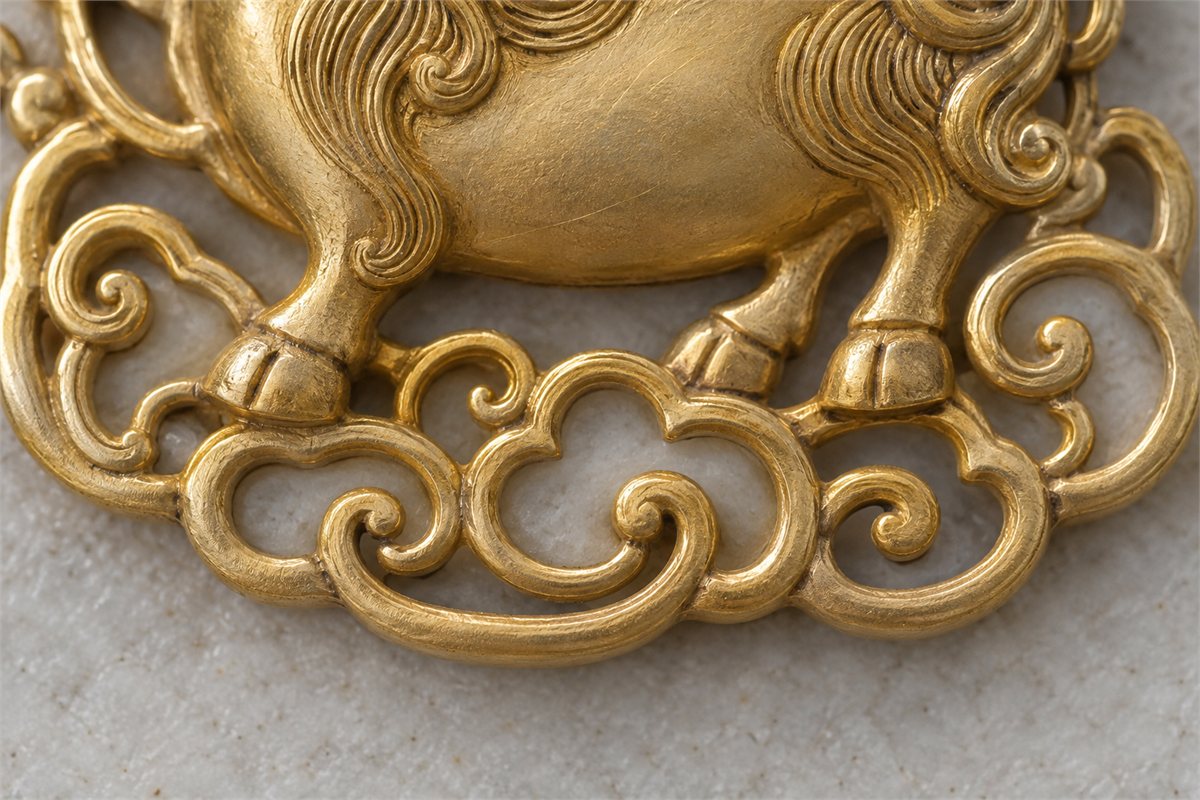 A gold-colored pendant detail shows shallow incised lines, hoof shapes, and connected open cloud curves.