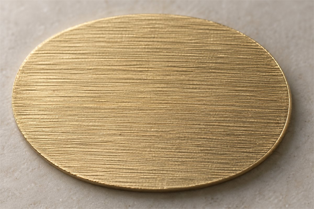 Close view of fine parallel lines across a thin gold-colored oval metal surface.