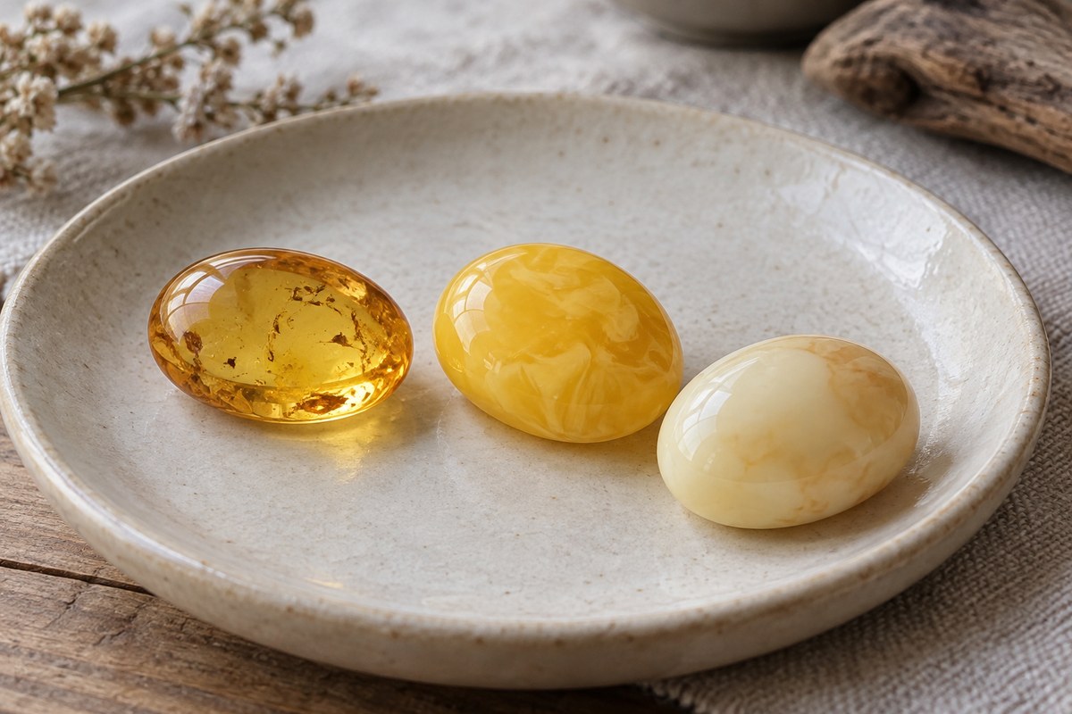 Golden, buttery yellow, and creamy white cabochons sit in a shallow dish.