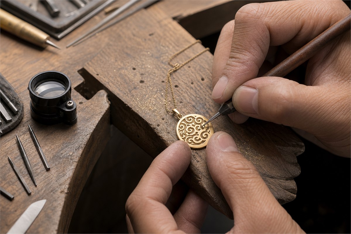 A craftsperson engraves an openwork brushed-gold pendant at a jeweler’s bench.