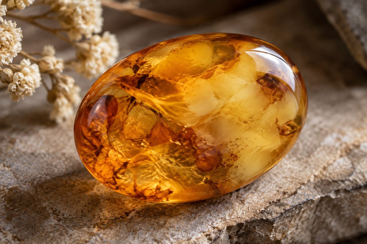 Amber cabochon with interwoven clear golden and cloudy cream areas