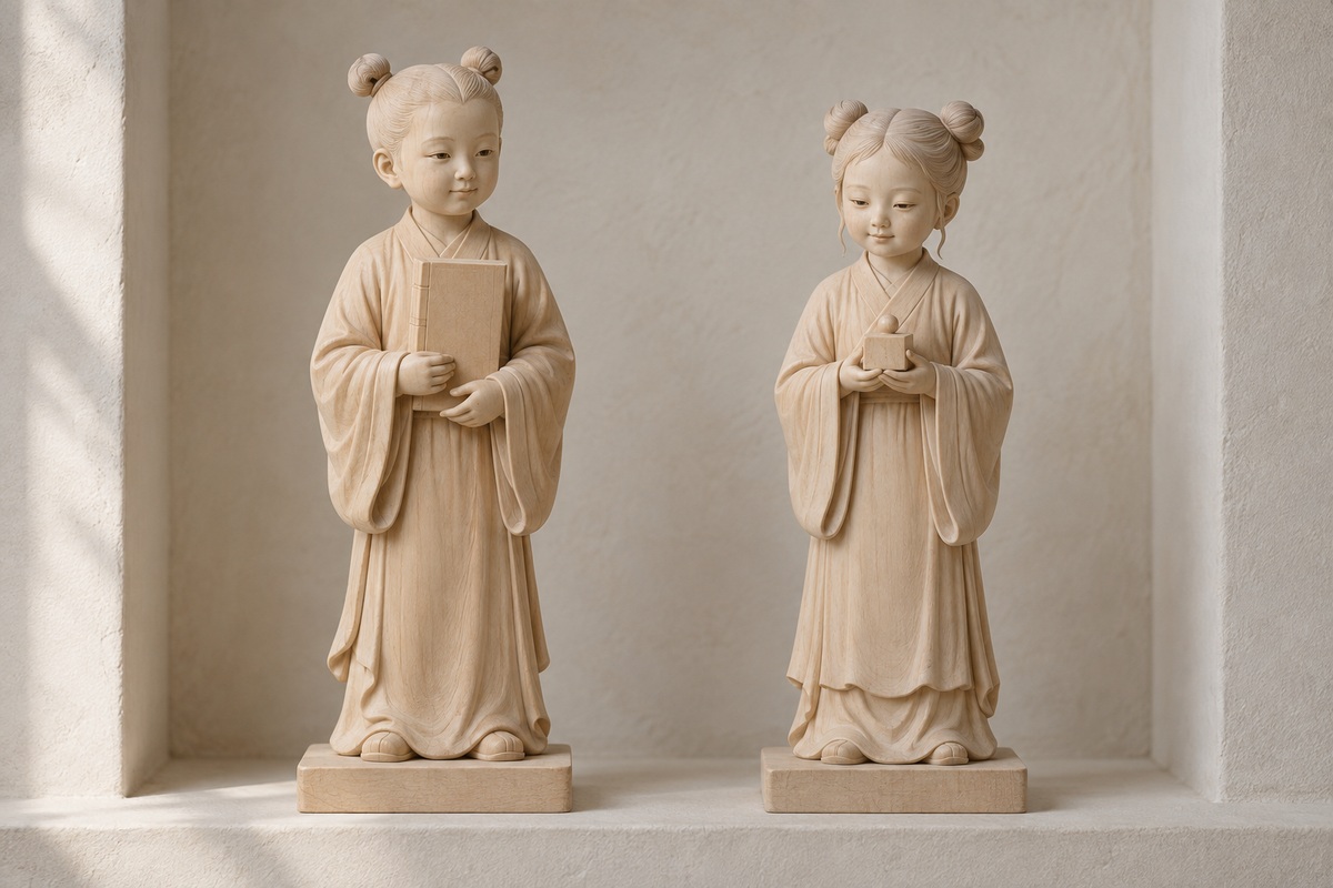 Two small sculpted attendants, one holding a closed register and the other holding a square seal.