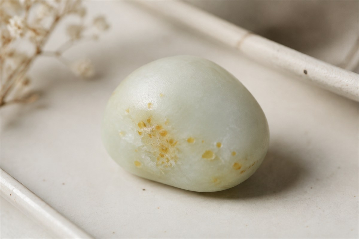 Small yellow-brown flecks scattered across a pale rounded stone.