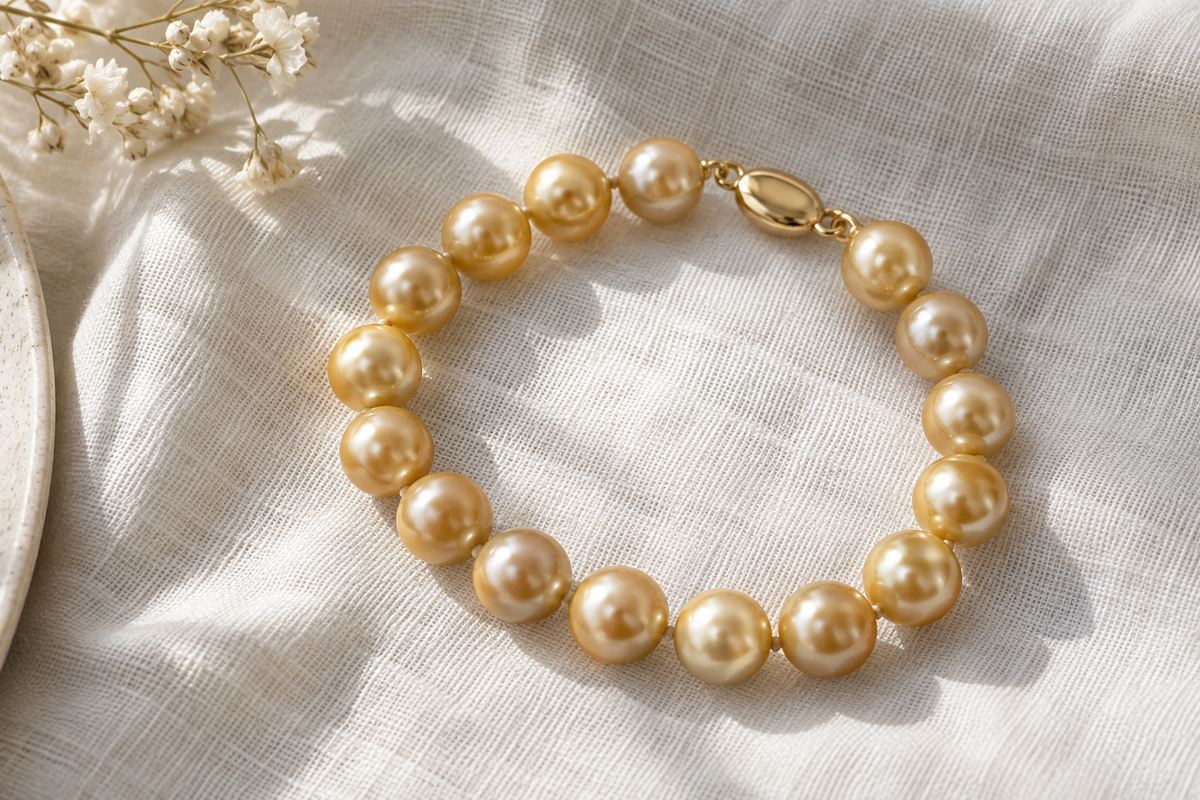 Golden pearl bracelet with a small gold clasp on ivory linen.