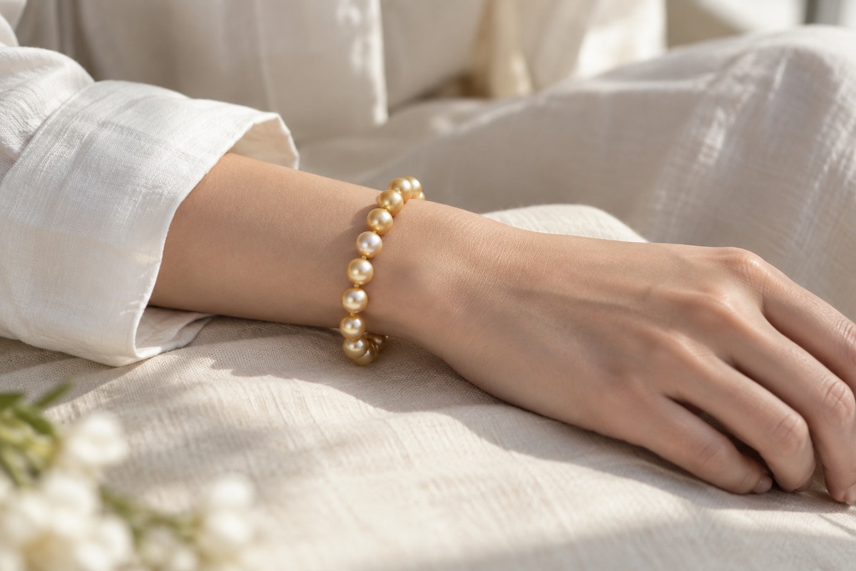 Golden pearl bracelet resting comfortably around a relaxed wrist.
