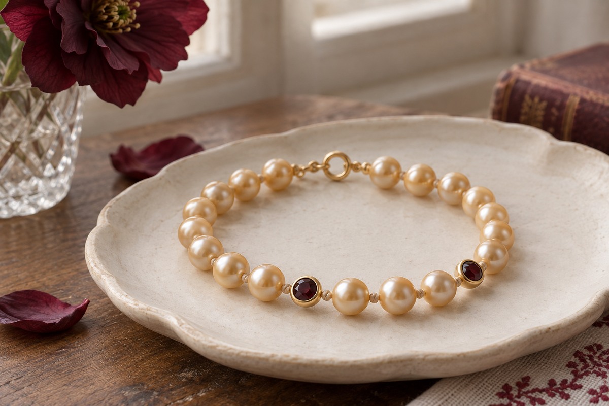 Golden pearl bracelet with two small bezel-set wine-red accents.