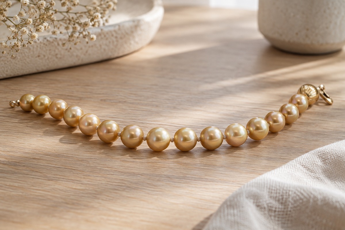 Golden pearls arranged in a curved strand with small knots between them.