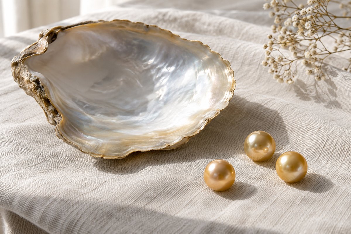 Three golden pearls beside an empty nacre-lined pearl-oyster shell.