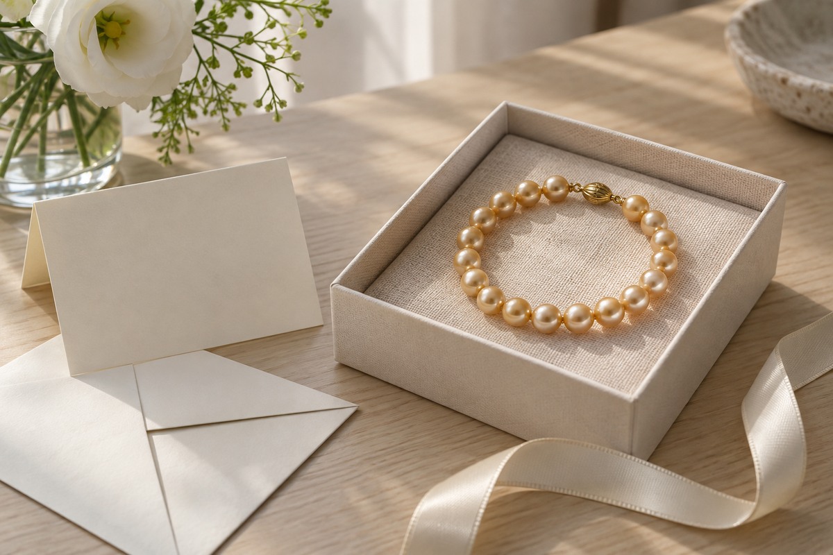 Pearl bracelet in a gift box beside a blank folded card and envelope.