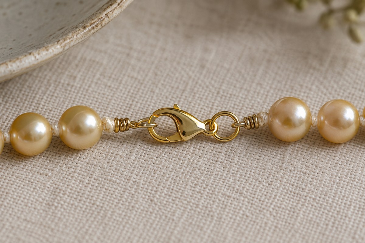 Close view of a gold clasp connecting knotted golden pearls.
