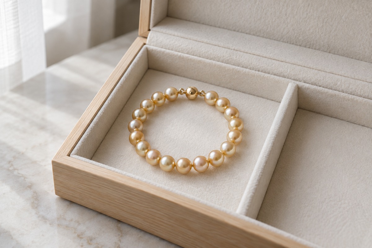 Golden pearl bracelet stored flat in its own padded compartment.